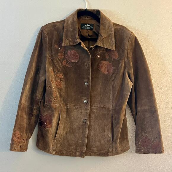 Montanaco Leather Suede Jacket Chocolate Brown Floral Embroidered Woman’s Large - Picture 2 of 7